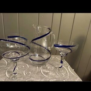 Pier 1 hand blown margarita pitcher and glasses